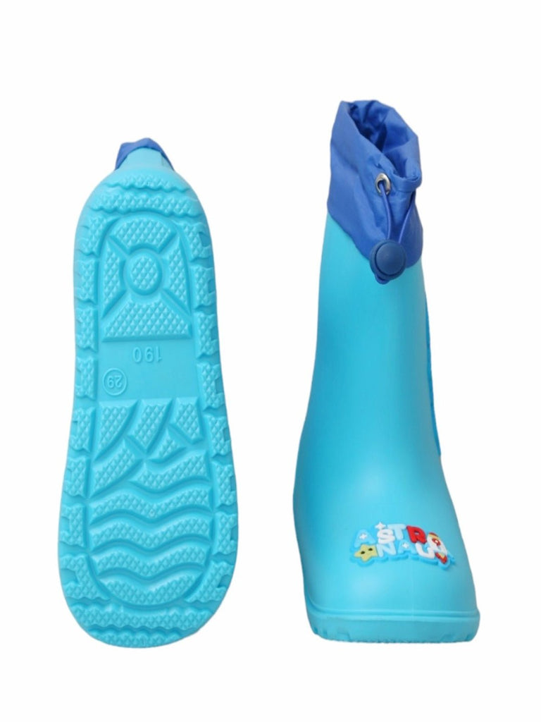 Front and back view of Blue astronaut themed rain boots for boys, highlighting the vibrant colors and playful design.