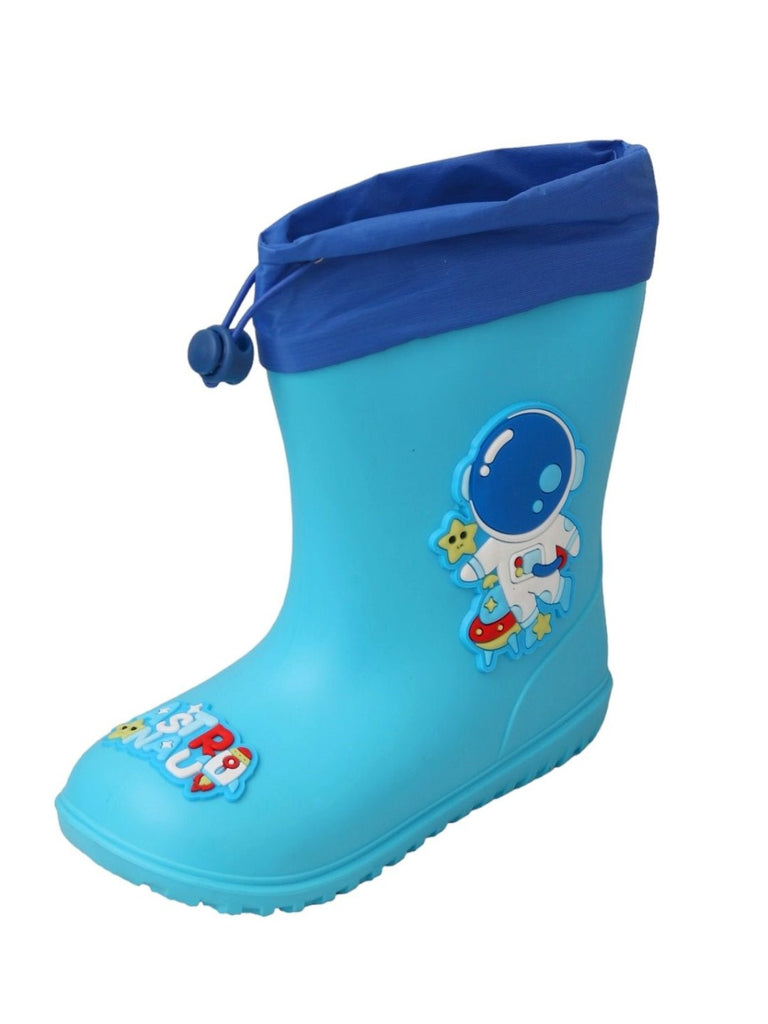 Blue astronaut themed rain boots for boys, angle view showing detailed design and build.