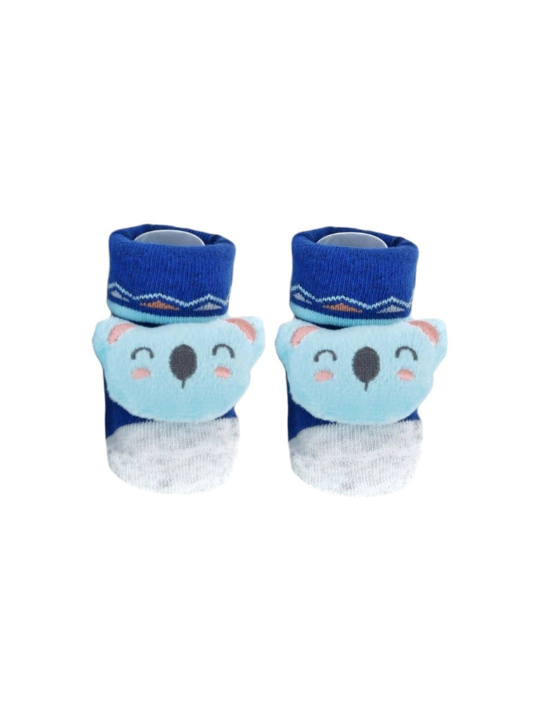 Top view of blue baby booties showcasing a 3D koala design, designed to keep your baby’s feet warm and adorable.