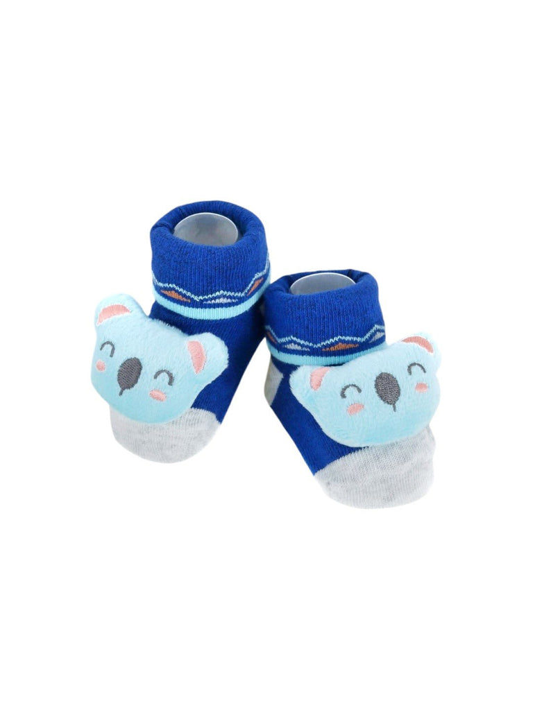 Side view of blue baby booties featuring a 3D koala, soft and snug for baby’s everyday comfort.