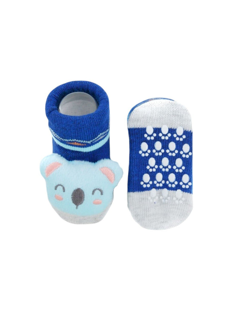 Front and back view of blue baby booties with a playful 3D koala, perfect for newborns and infants.