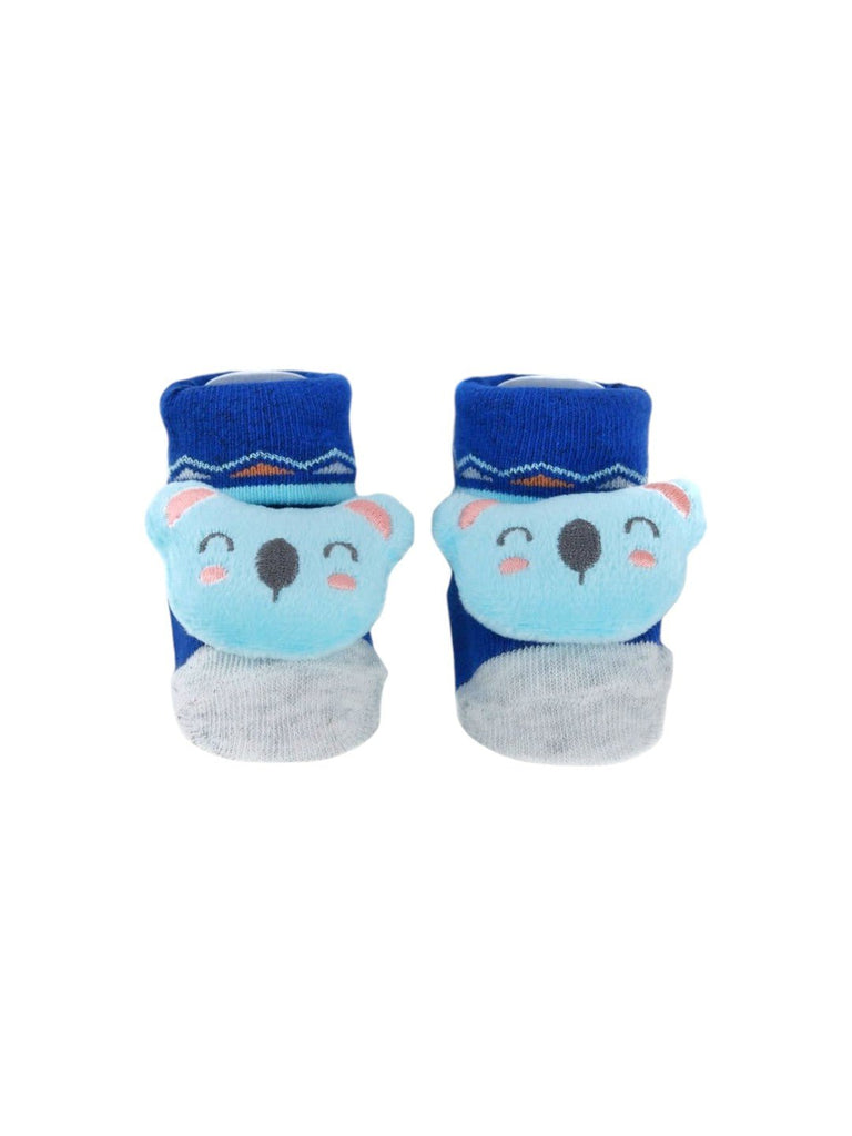 Front view of blue baby booties with a 3D koala design, offering warmth and style for babies.