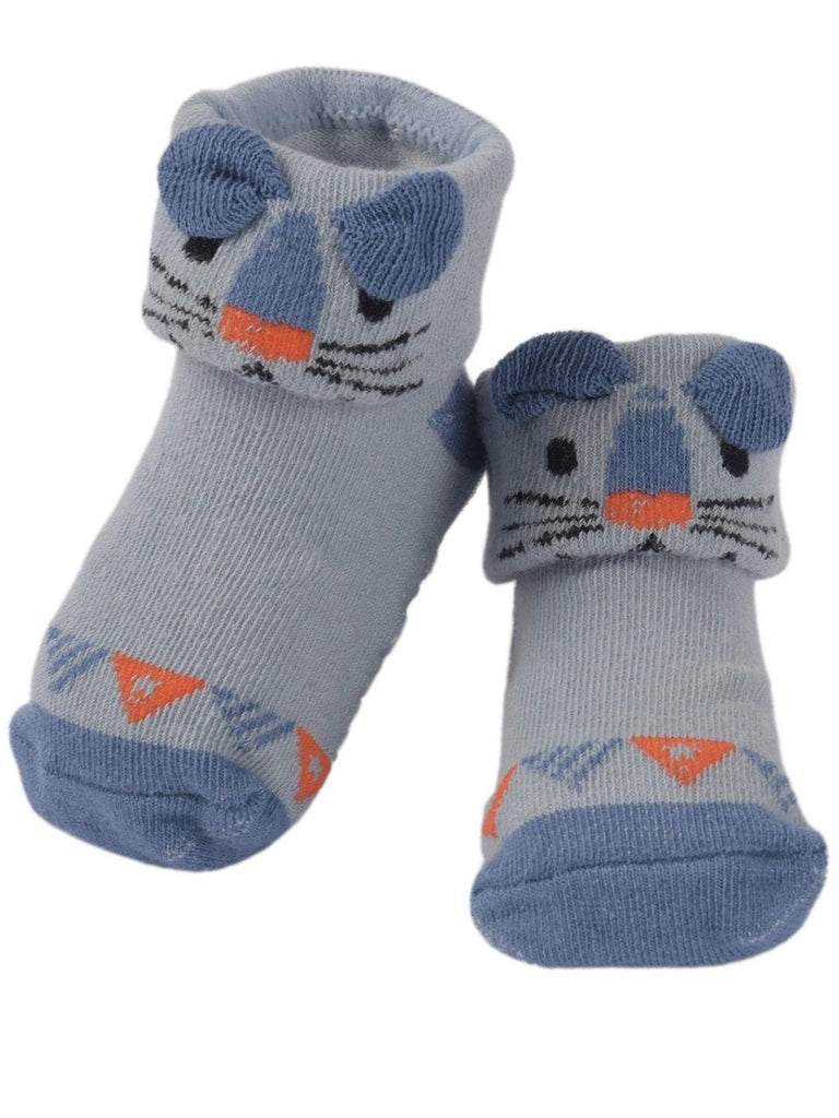 Side View of Blue Baby Socks with Playful Cat Face and Triangle Pattern