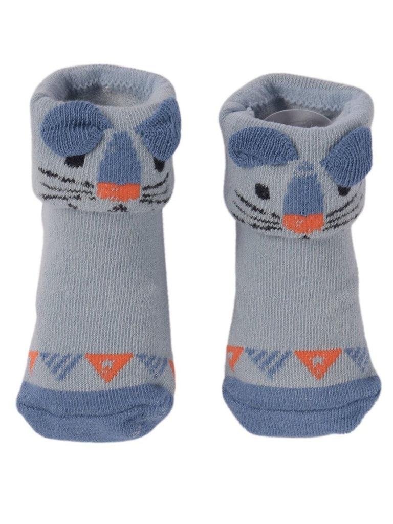 Upper View of Blue Baby Socks with Playful Cat Face and Triangle Pattern