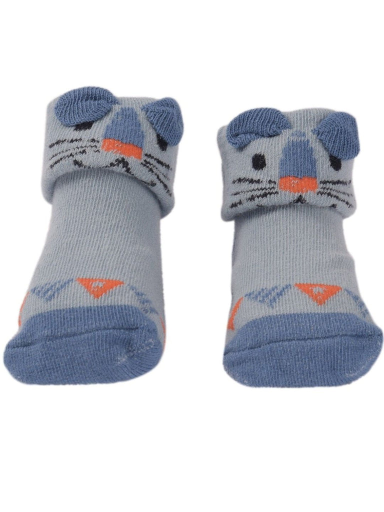 Blue Baby Socks with Playful Cat Face and Triangle Pattern – Product View