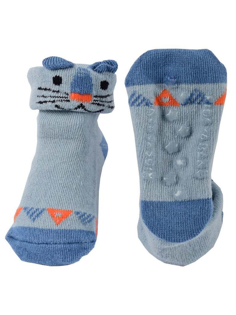 Front and Back View of Blue Baby Socks with Playful Cat Face and Triangle Pattern