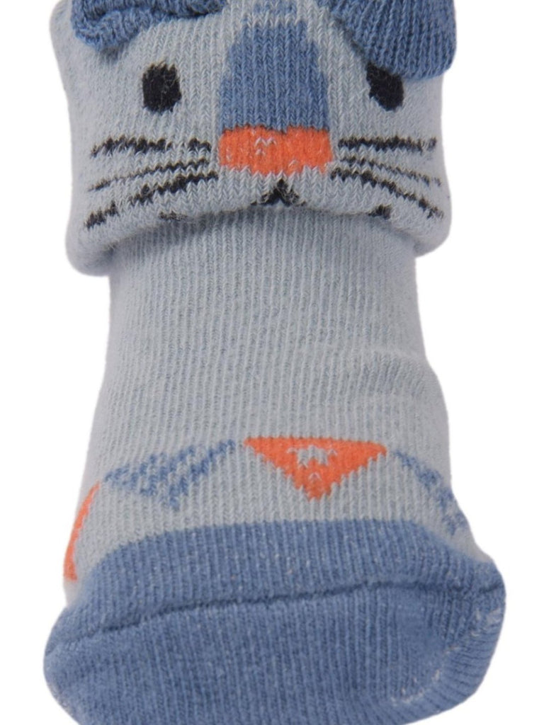 Blue Baby Socks with Playful Cat Face and Triangle Pattern – Closeup View