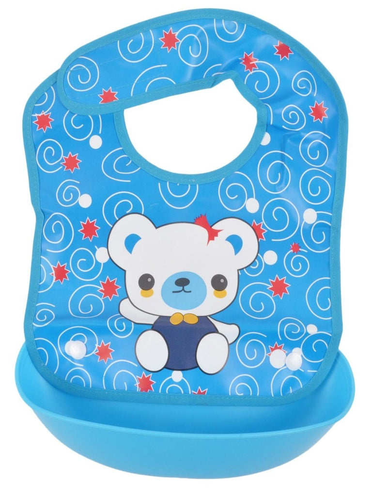 Front view of the Yellow Bee Bear Easy Clean Bib with Crumb Collector, showcasing the playful bear print.
