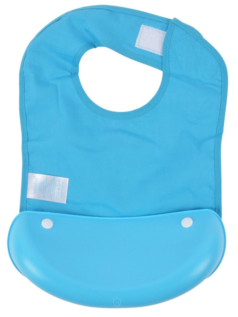 Back view of Yellow Bee Bear Easy Clean Bib with Crumb Collector in blue, showing the snap button closure.