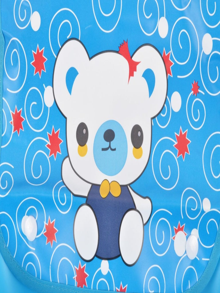 Close up of the Yellow Bee Bear Easy Clean Bib with Crumb Collector, featuring a cute bear design.