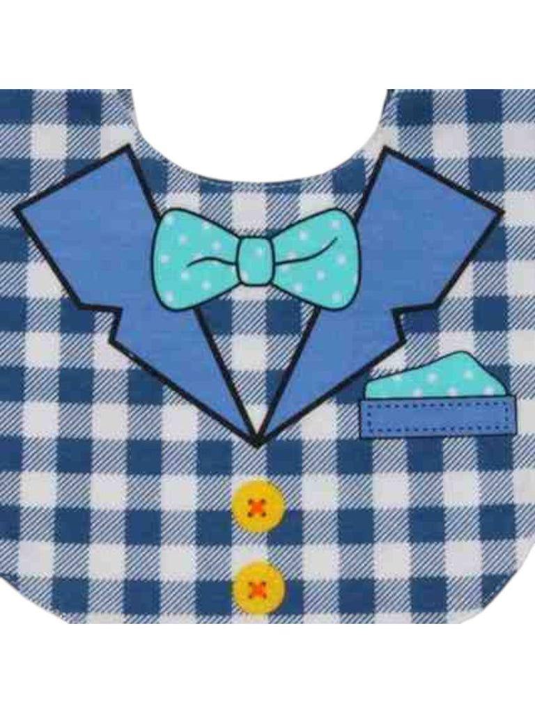 Close-up of the Blue Checkered Bow Tie Cotton Baby Bib for Boys by Yellow Bee..