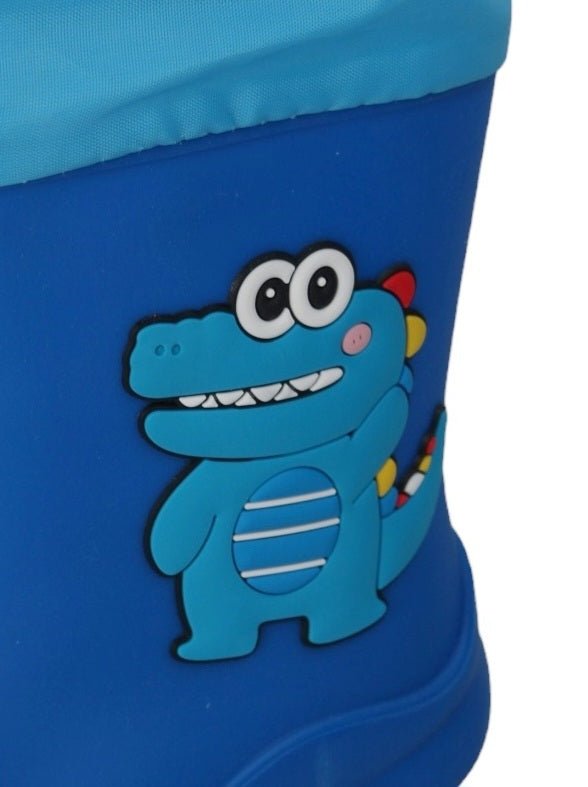 Close-up of the cute dinosaur design on Yellow Bee's Blue Dino Themed Rain Boots for Boys.