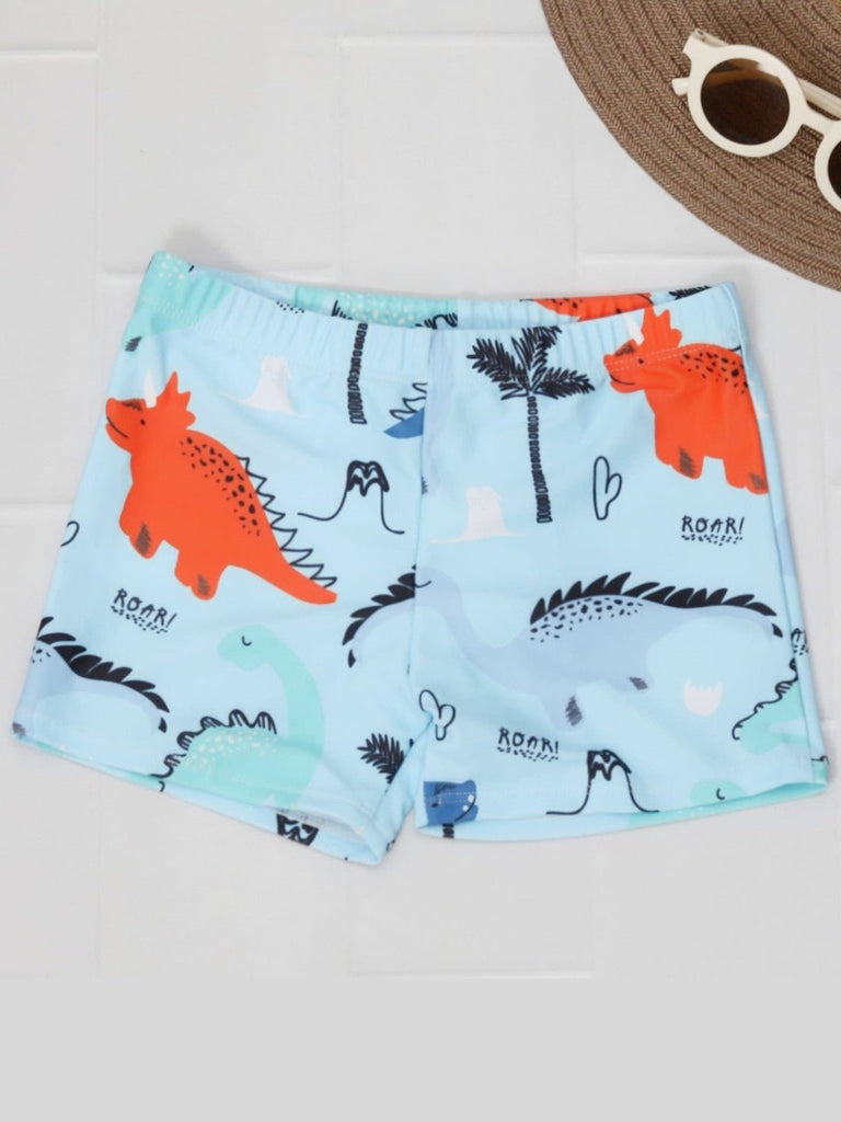 Blue Dinosaur Print Swim Trunks for Boys - Roaring Fun Design