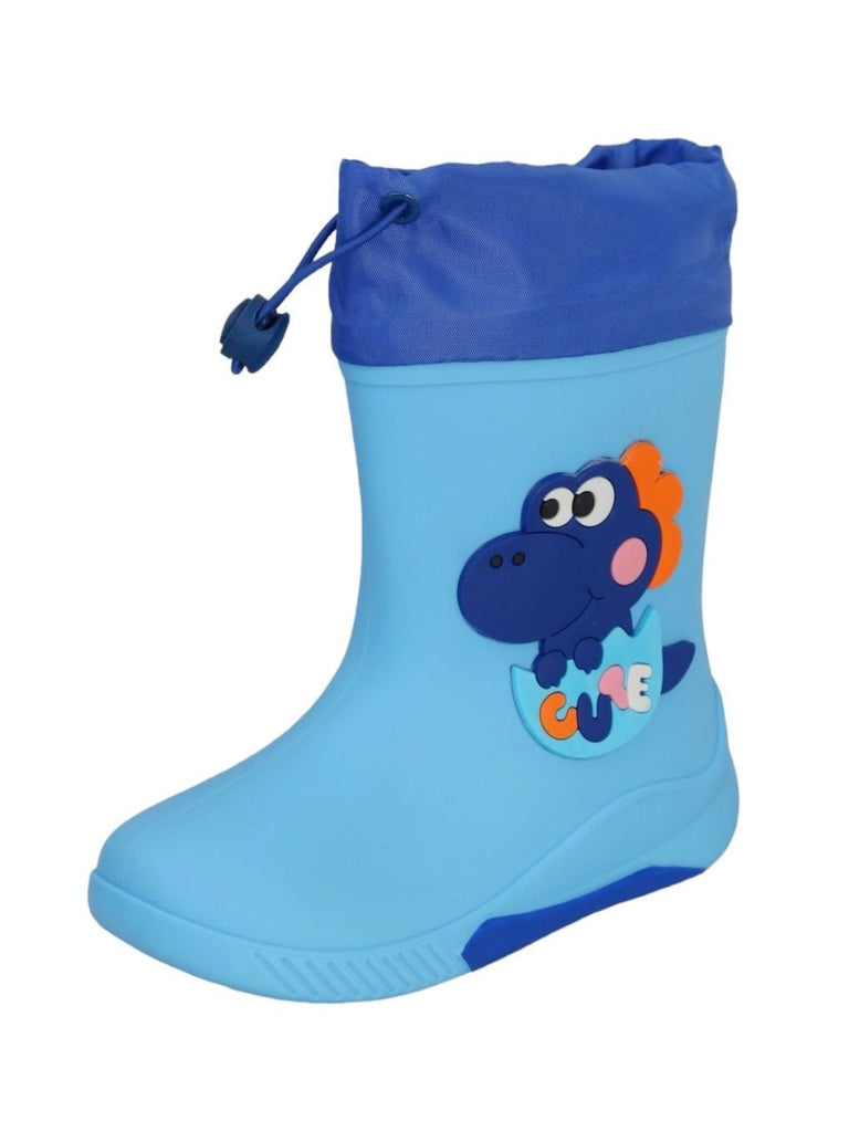 Angle view of Yellow Bee's Blue Frog Themed Rain Boots for Boys.