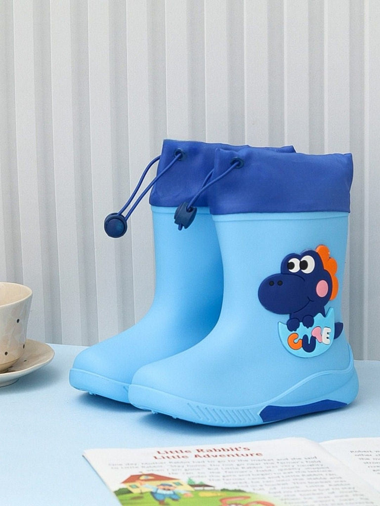 Creativity display of Yellow Bee's Blue Frog Themed Rain Boots, showing playful and colorful design.