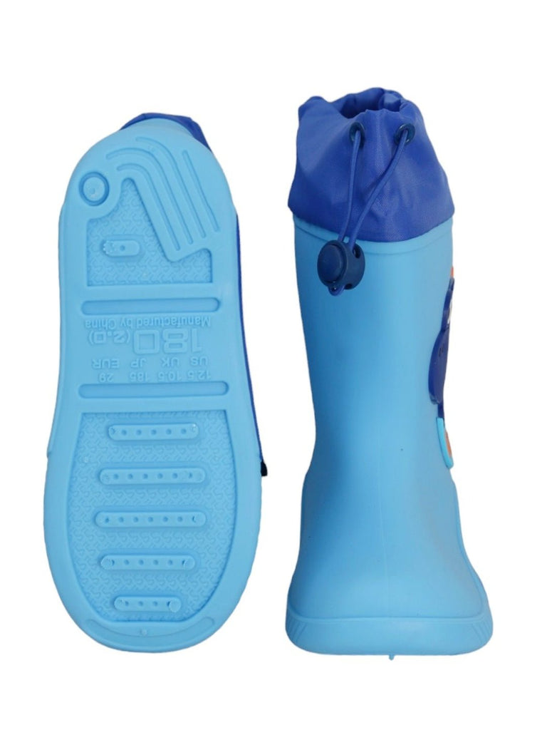 Front and back view of the Blue Frog Themed Rain Boots for Boys, highlighting the design and functionality.