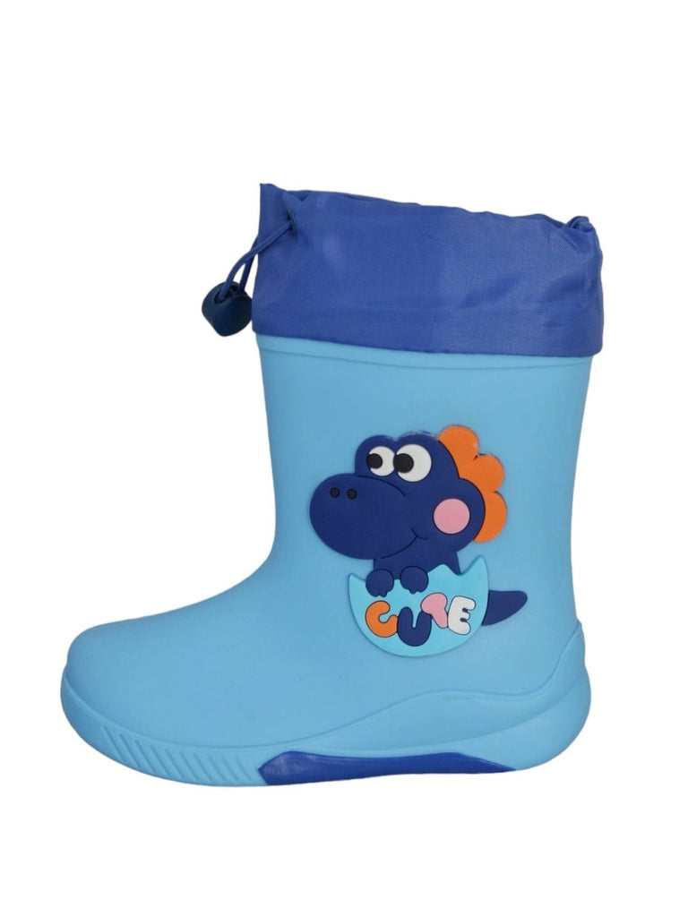 Side view of Yellow Bee's Blue Frog Themed Rain Boots for Boys, featuring the blue and green color scheme.