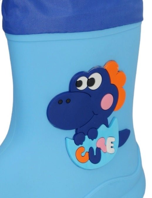 Close-up view of the frog design on Yellow Bee's Blue Frog Themed Rain Boots.