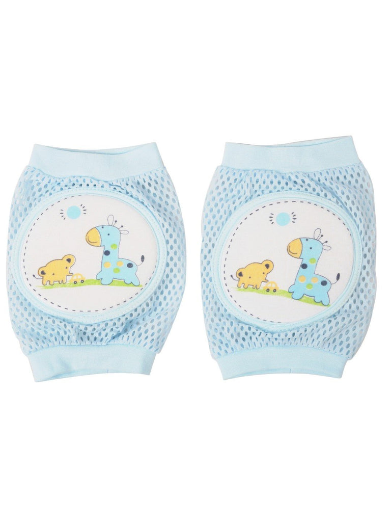 Front View of Yellow Bee Blue Giraffe Protective Knee Pads for Toddlers with Blue Mesh and Elastic Bands