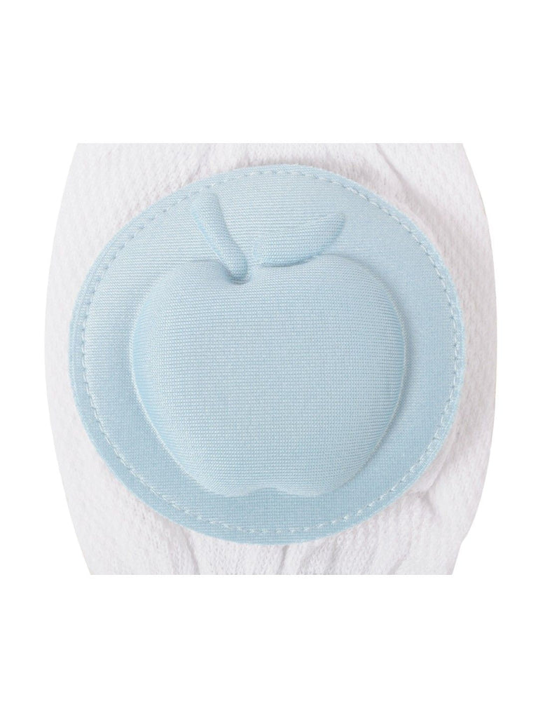 Close-Up View of Yellow Bee Blue Knee Protection Pads with Apple Motif for Crawling Babies