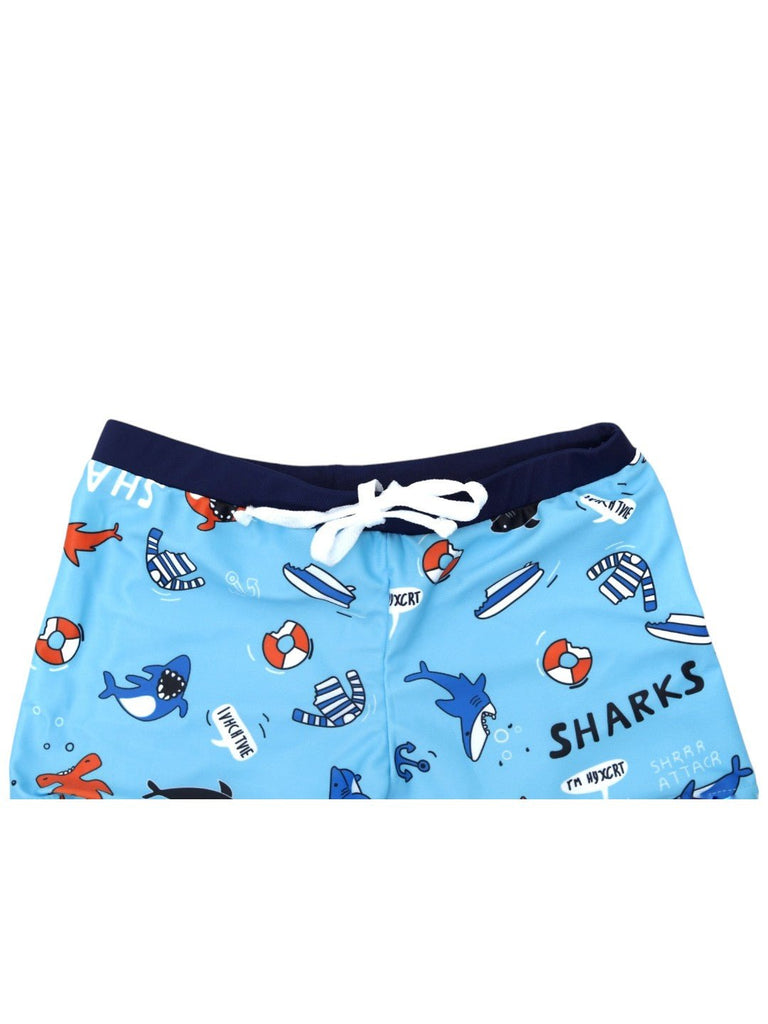 Blue Shark Print Swim Shorts for Boys - Fun and Playful Design-Showing Close up view