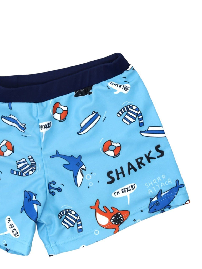 Blue Shark Print Swim Shorts for Boys - Fun and Playful Design-close up view