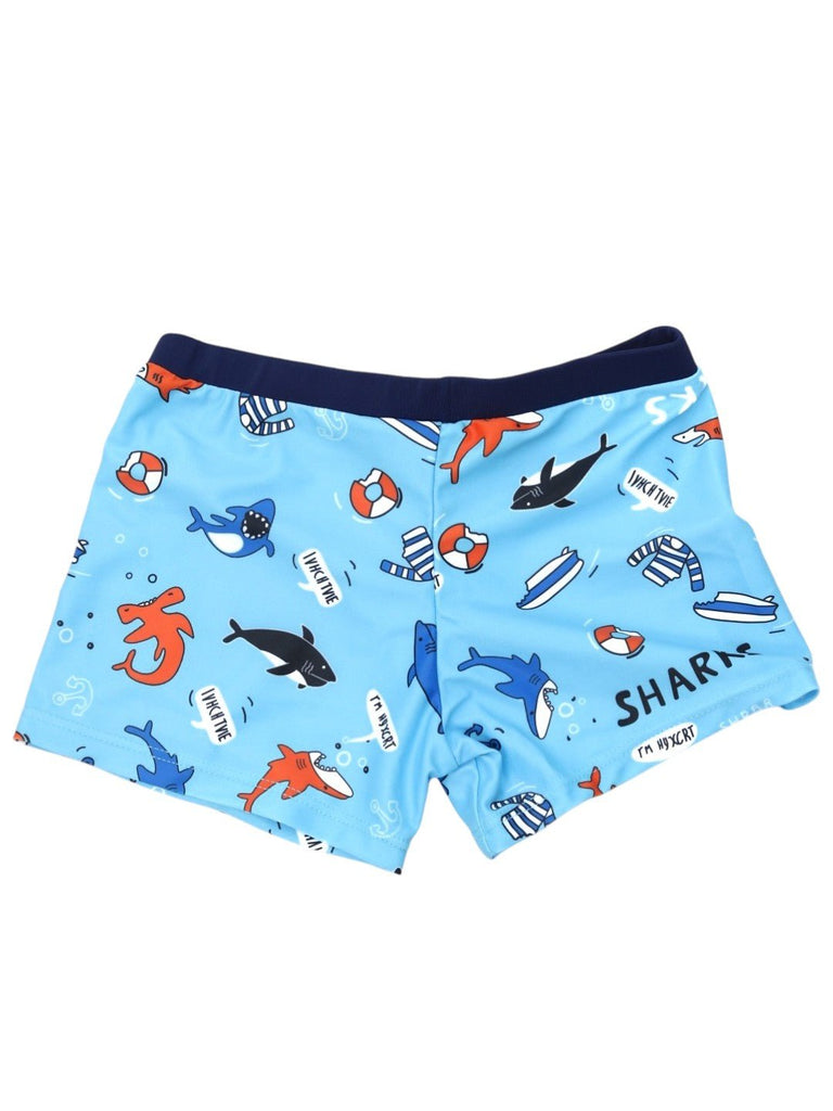 Blue Shark Print Swim Shorts for Boys - Fun and Playful Design-Full Front View