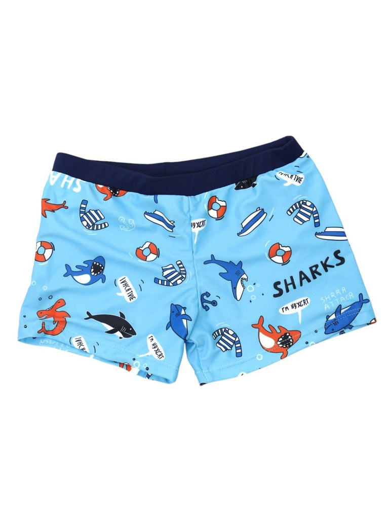 Blue Shark Print Swim Shorts for Boys - Fun and Playful Design-front view