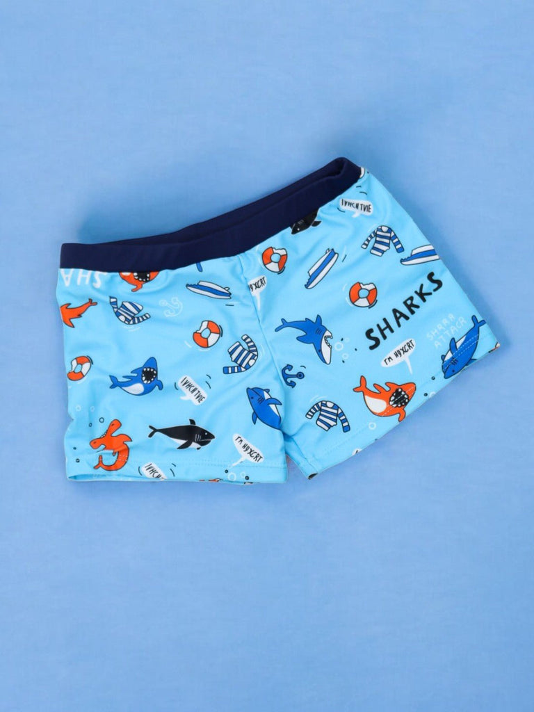 Blue Shark Print Swim Shorts for Boys - Fun and Playful Design