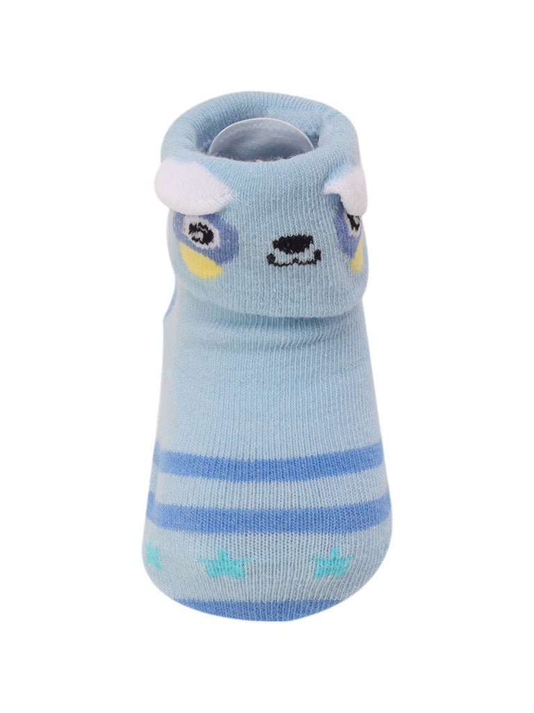 Close-up of the cute animal face on Blue Striped Baby Socks – Soft and Cozy by Yellow Bee