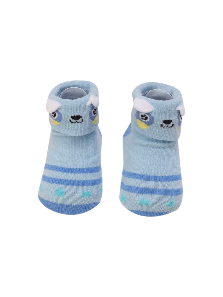 Front view of Blue Striped Baby Socks with Cute Animal Face – Soft and Cozy by Yellow Bee