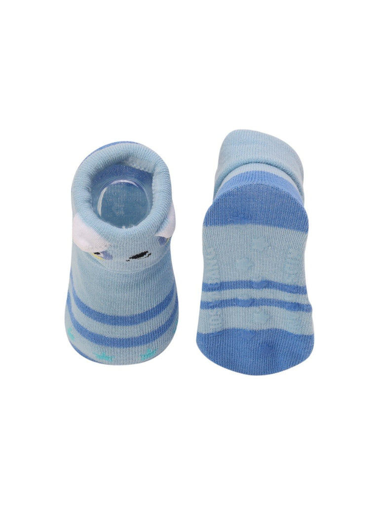 Front and back view of Blue Striped Baby Socks with Cute Animal Face – Soft and Cozy by Yellow Bee