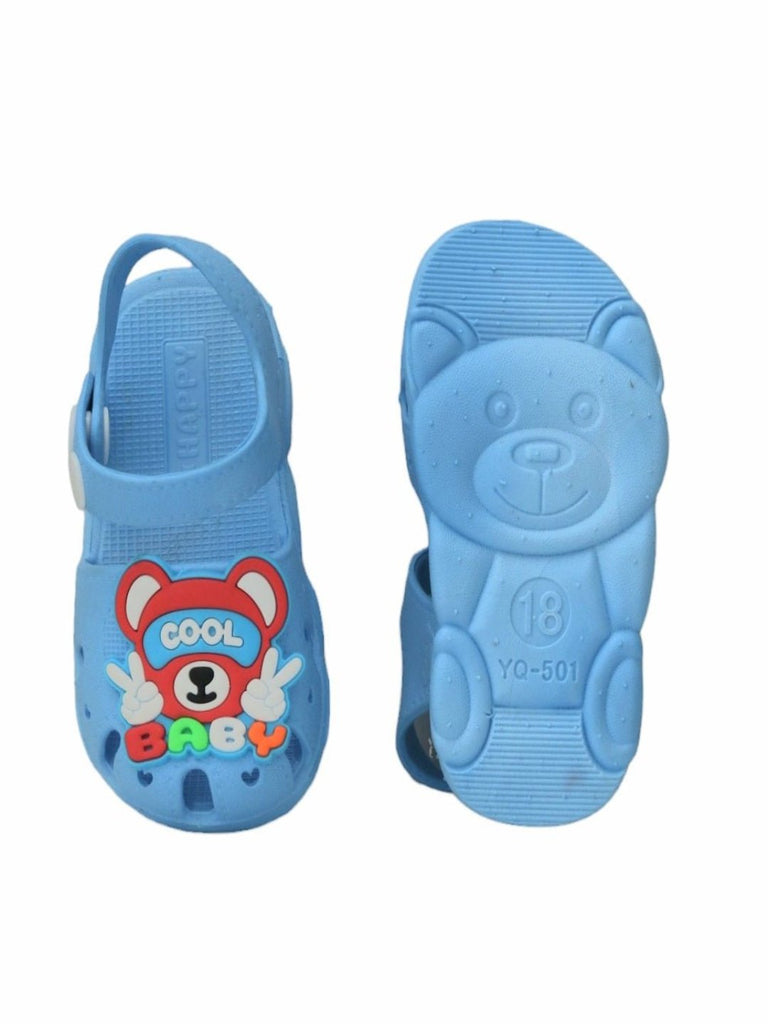 Front and Back View of Blue Teddy Bear-Themed Sandals for Boys