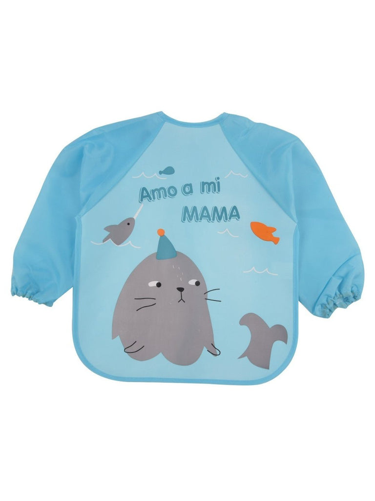 Full view of Yellow Bee Blue Waterproof Long Sleeve Bib with Sea Animal Design.