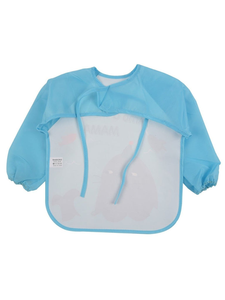 Back view of Yellow Bee Blue Waterproof Long Sleeve Bib with Sea Animal Design.