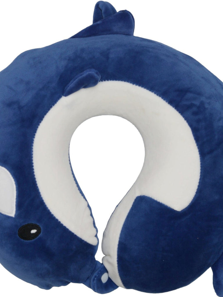 Close-up view of the Blue Whale U-Shaped Travel Neck Pillow showing the whale's face and soft fabric details