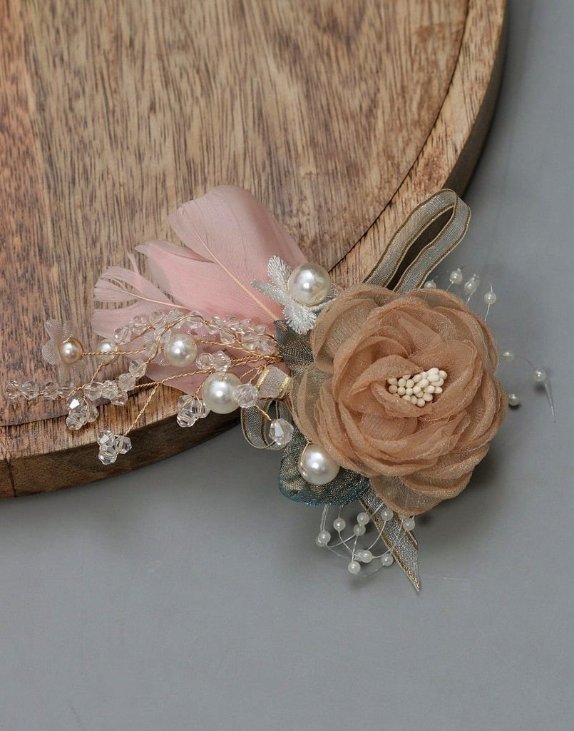 Top View of Yellow Bee's Beige and Pink Rosette Hair Clip with Net Leaf - A Touch of Delicate Beauty