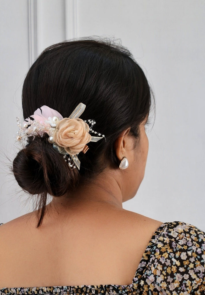 Yellow Bee's Beige and Pink Rosette Hair Clip Secured in Hair - Perfect for Wedding Elegance