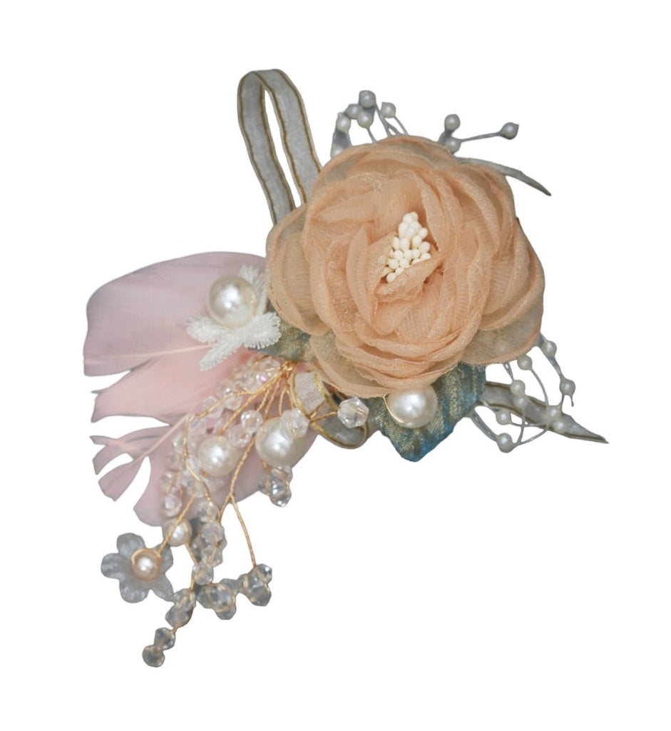 Angled View of Yellow Bee Beige and Pink Rosette Hair Clip - Modern Bridal Hair Accessory