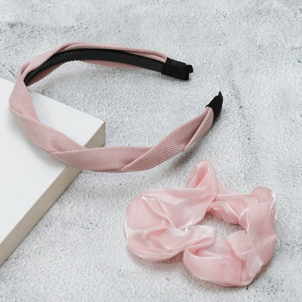 Styled Yellow Bee Peach Hairband and Silk Scrunchie Combo set on a neutral background.