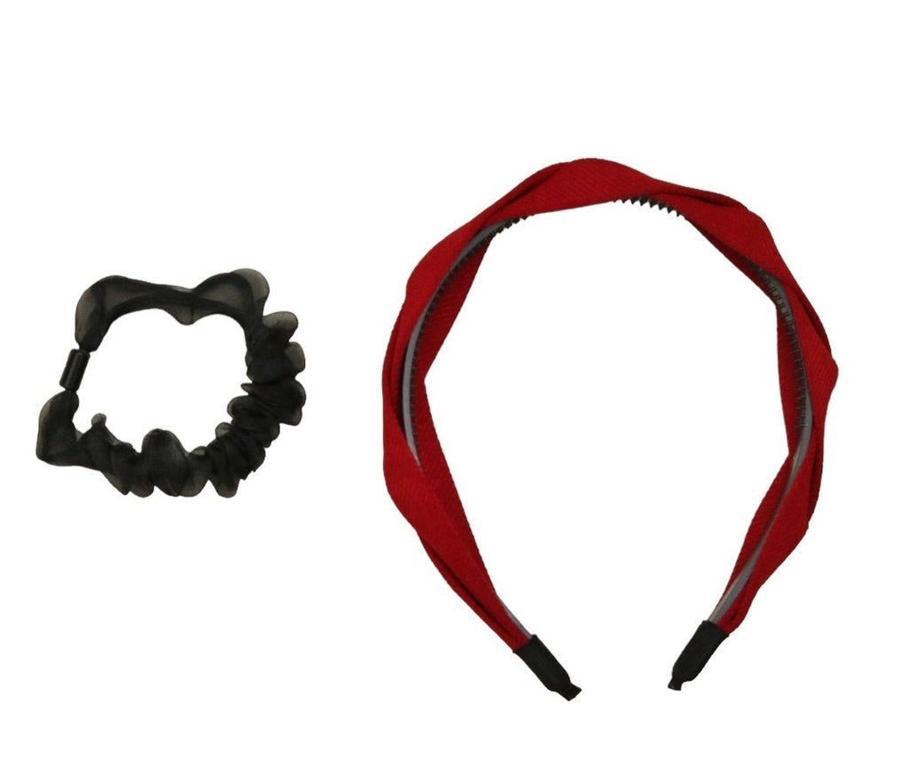 Red solid hairband and black scrunchie by Yellow Bee against a white backdrop