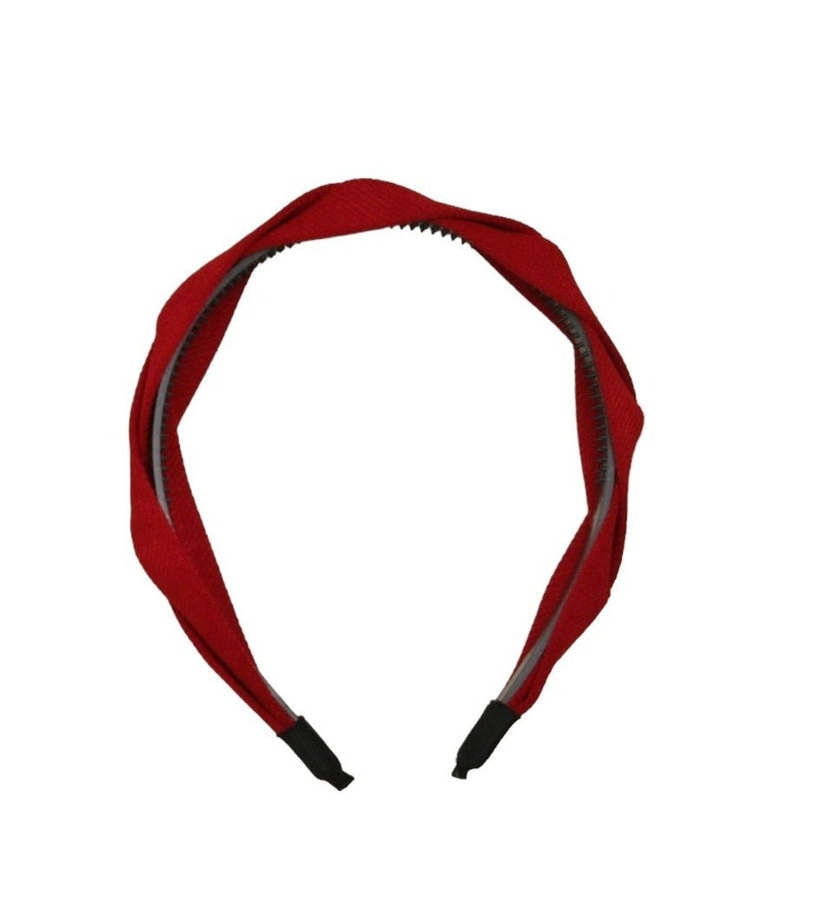 Close-up of the solid red hairband with intricate stitching detail by Yellow Bee