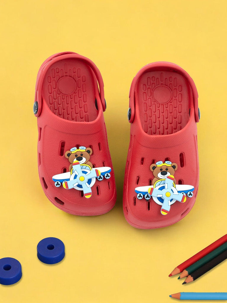 Bold and Fun Captain Bear & Airplane Motif Clogs for Boys-Red-Creative View