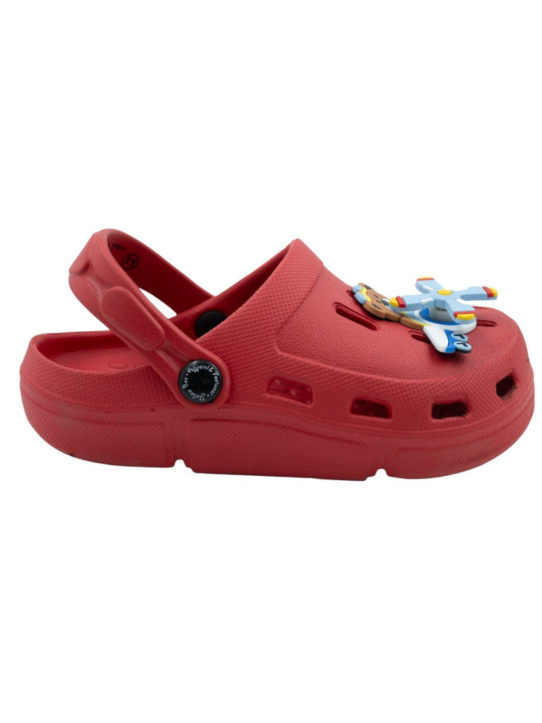 Bold and Fun Captain Bear & Airplane Motif Clogs for Boys-Red-Side View