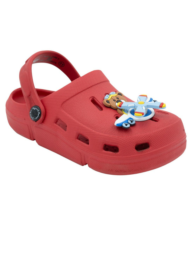 Bold and Fun Captain Bear & Airplane Motif Clogs for Boys-Red-Angle View
