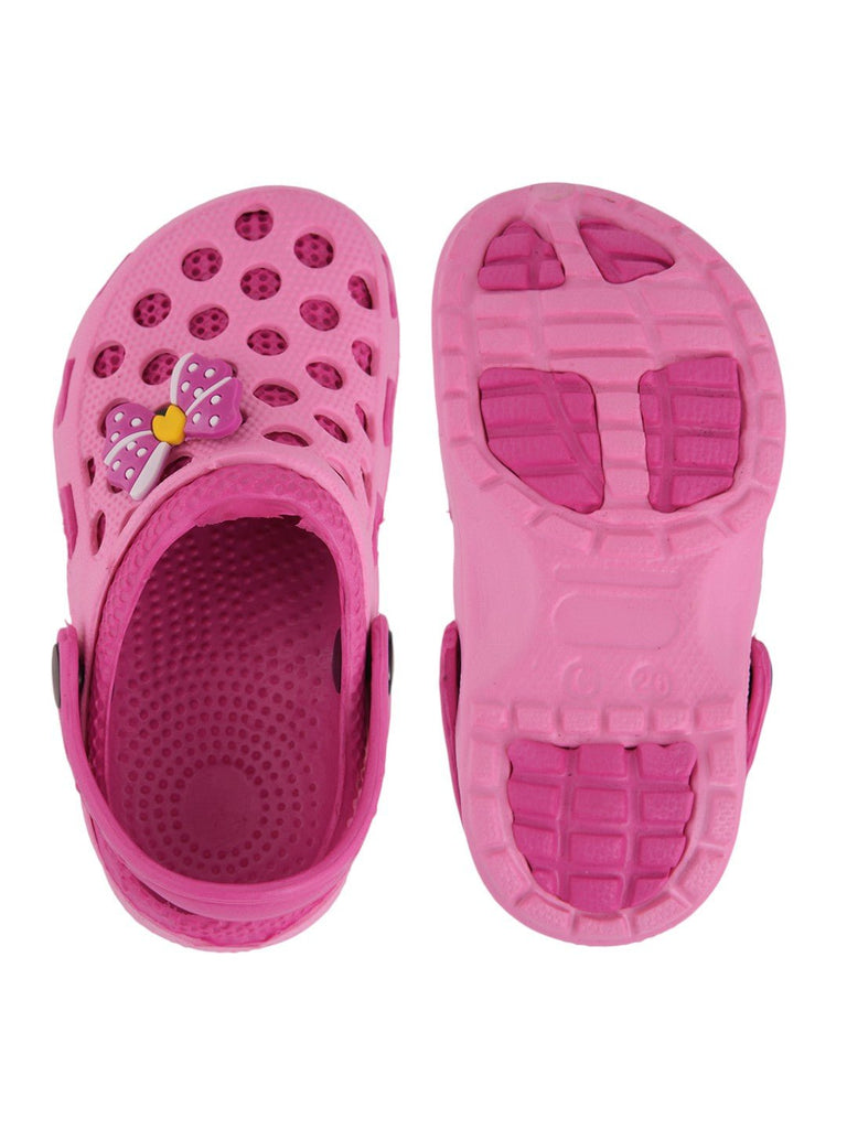 front and back view of Yellow Bee Bow and Polka Dot Clogs in Pink for Girls.