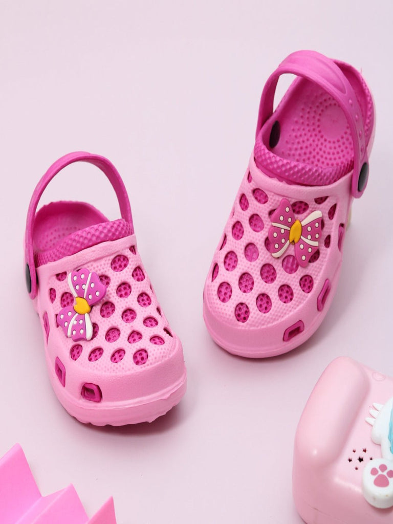 creative  view of Yellow Bee Bow and Polka Dot Clogs in Pink for Girls.