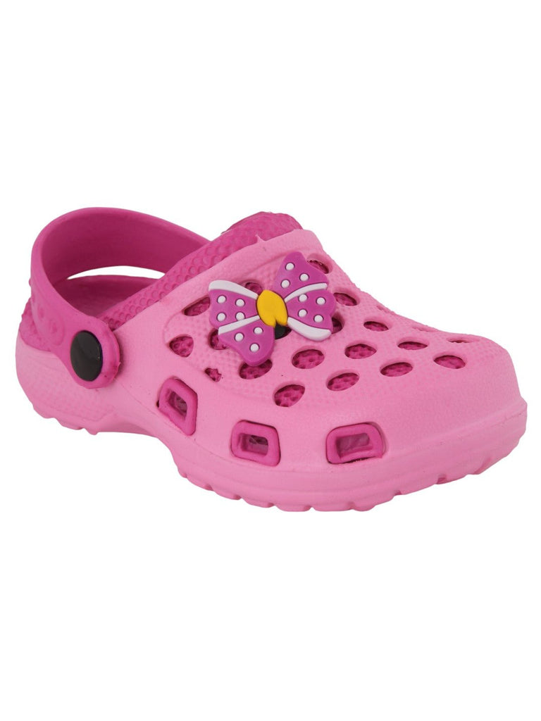 angle view of Yellow Bee Bow and Polka Dot Clogs in Pink for Girls.