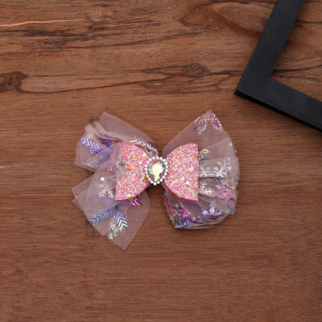 Creative Display of Yellow Bee's Pink Shimmer Bow Hair Clip with Gemstone Center