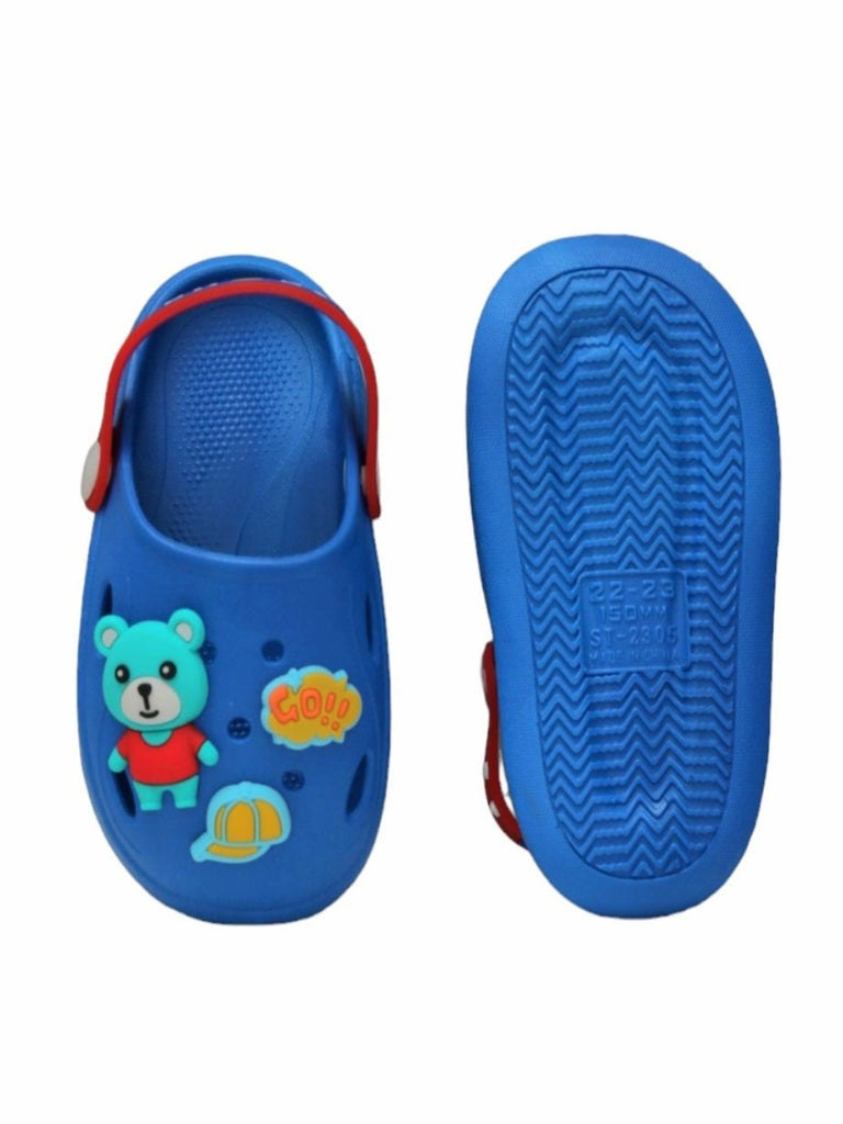 Back and front view of Yellow Bee Boy's Blue Teddy Bear Adventure Clogs, showing the fun bear design and water-resistant material.